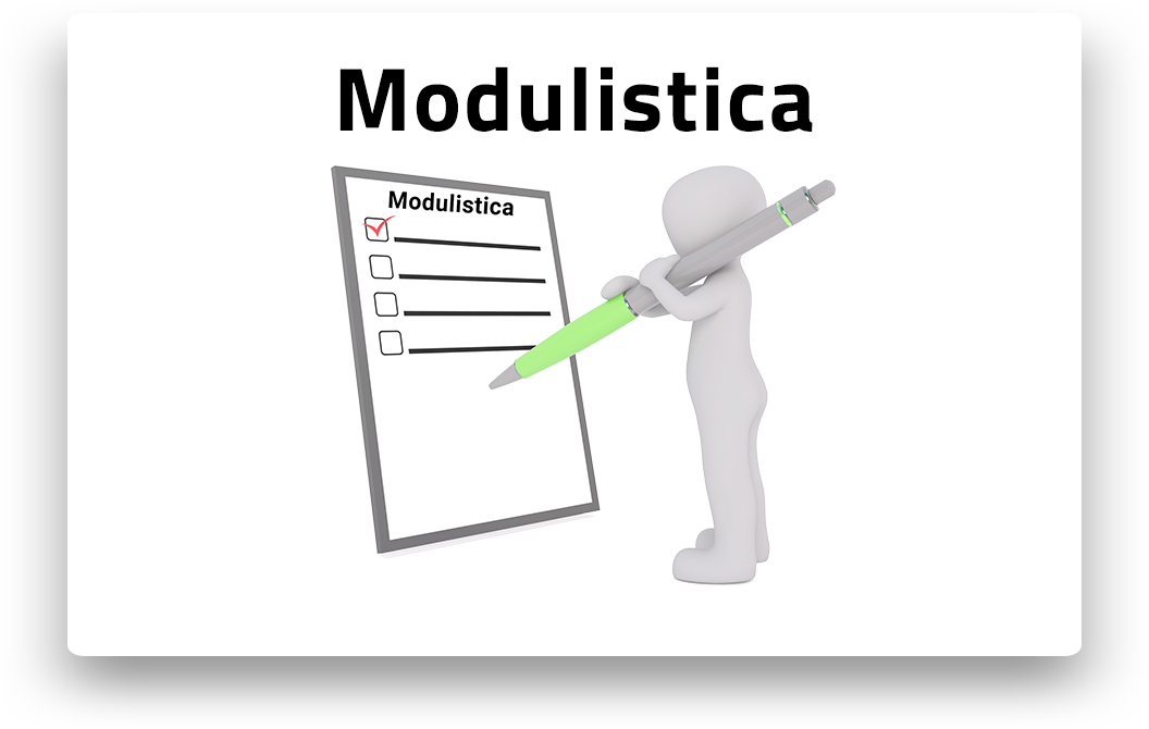 Modulistica - Pulsante raffigurante un omino stilizzato con una grande penna che compila un questionario