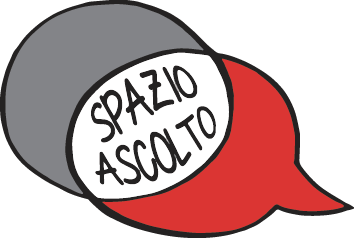 Logo Spazio Ascolto Formato tra due fumetti sovrapposti uno grigio e uno rosso, nell'area sormontata bianca la scritta in nero spazio ascolto